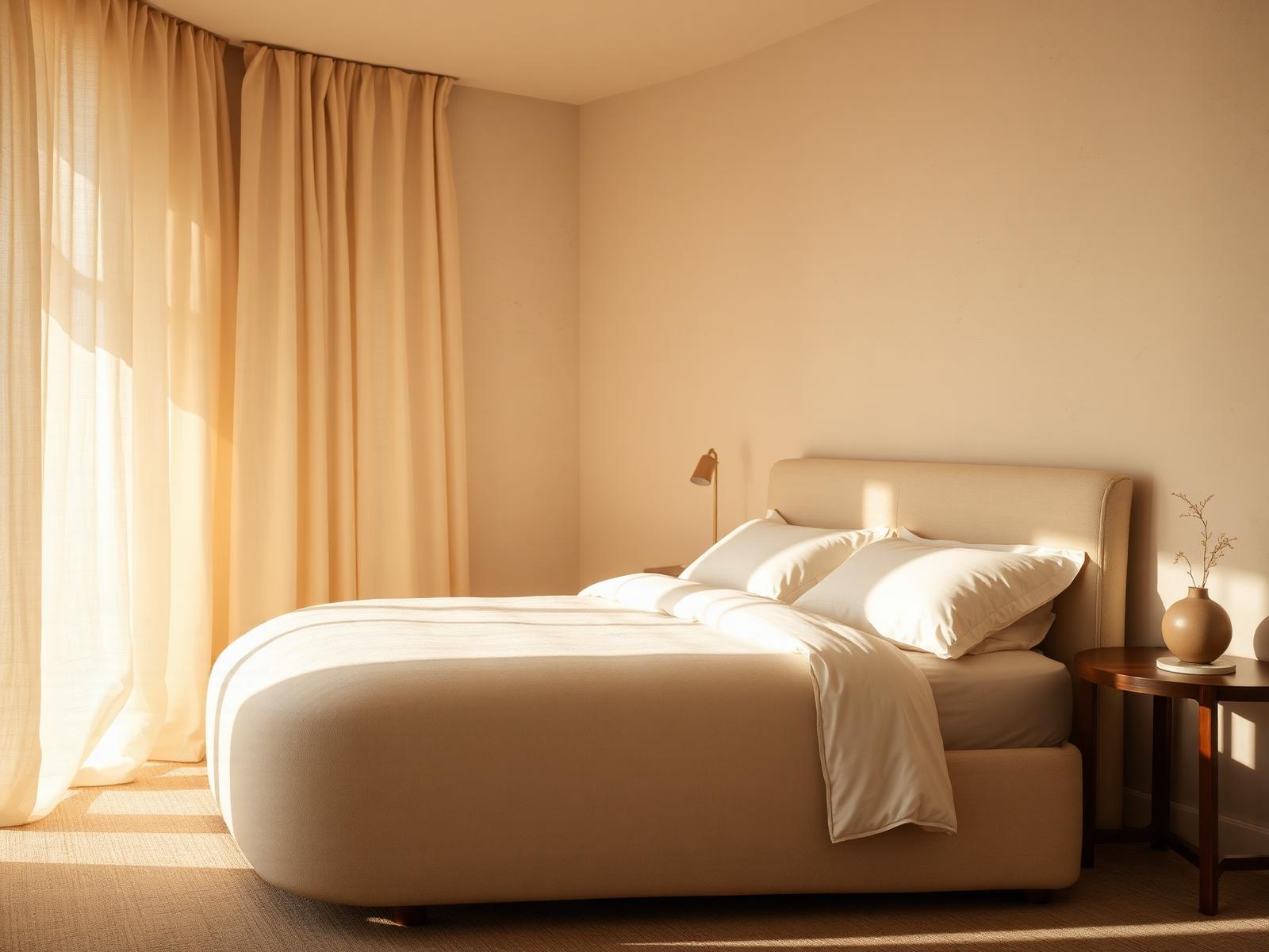 A sunlit bedroom with a curved boucle bed and warm linen bedding